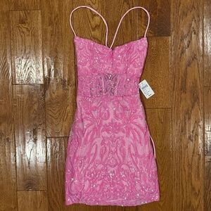 Windsor Pink Iridescent Sequin Mesh Mini Dress |Pink | Size Small